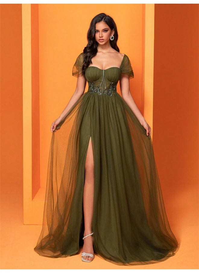 Green Chevron Short Sleeve Dress with Modern Design and Side Openings Tulle Corset Dress