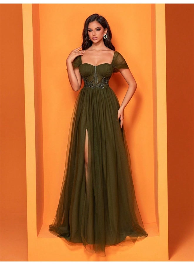 Green Chevron Short Sleeve Dress with Modern Design and Side Openings Tulle Corset Dress