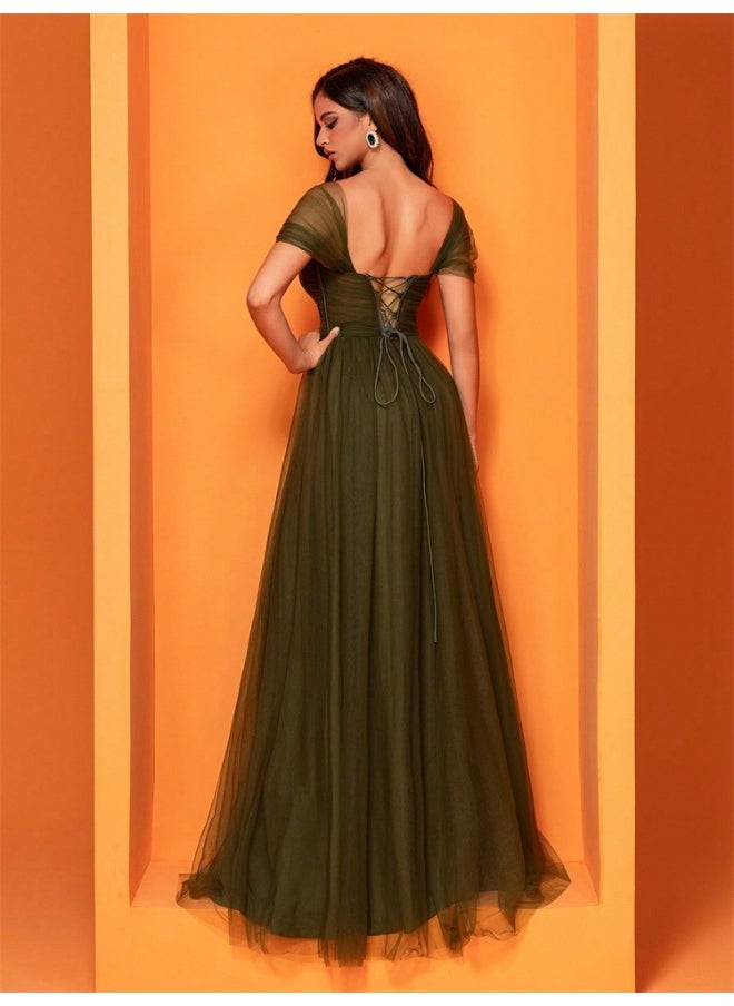 Green Chevron Short Sleeve Dress with Modern Design and Side Openings Tulle Corset Dress