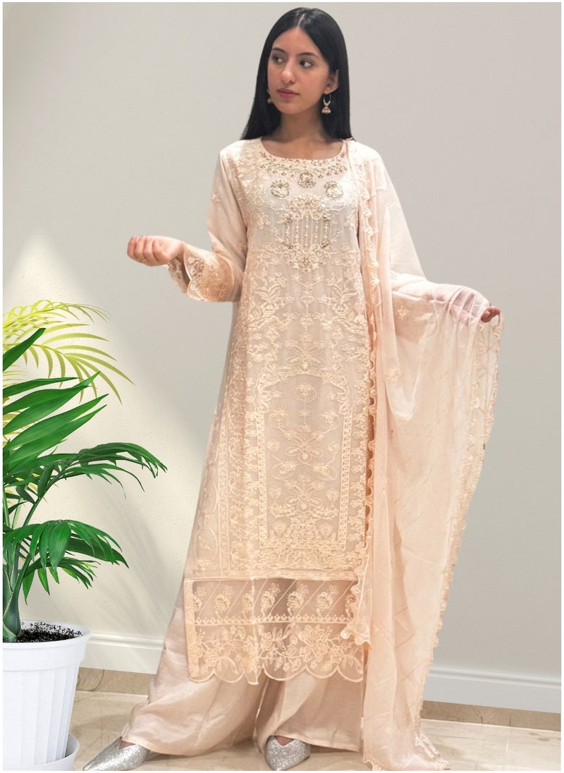 Pakistani Embroidered Pure Chiffon Shirt & Dupatta with Raw Silk Trousers- Beige - Medium