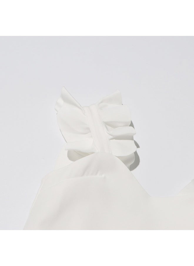 Elegant White 3D Floral Maxi Dress, Sleeveless & Ruffled Shoulder, Runway - Style Gown