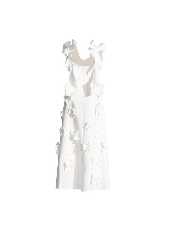 Elegant White 3D Floral Maxi Dress, Sleeveless & Ruffled Shoulder, Runway - Style Gown