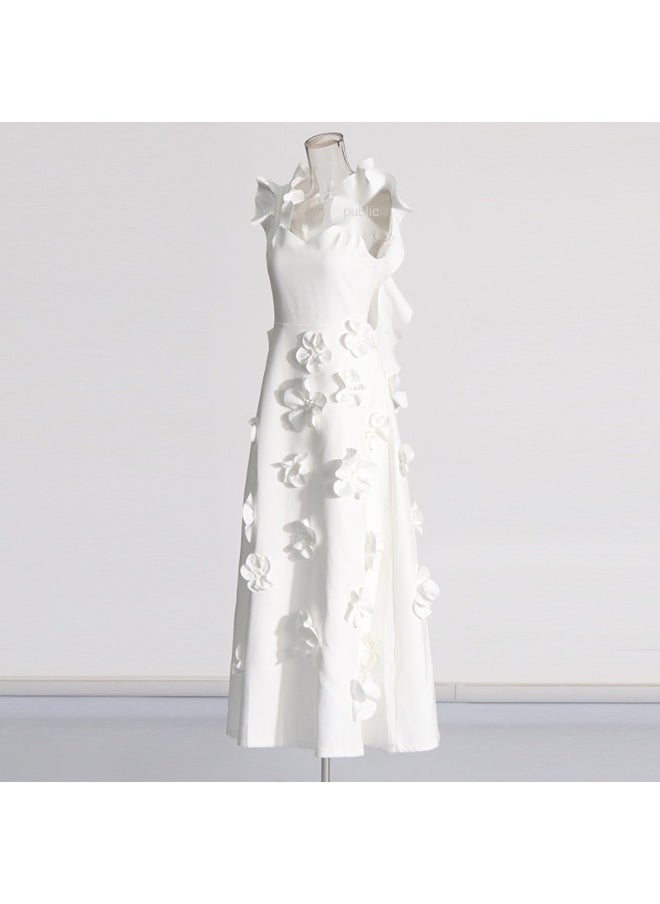 Elegant White 3D Floral Maxi Dress, Sleeveless & Ruffled Shoulder, Runway - Style Gown