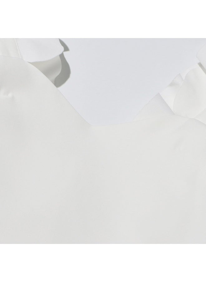 Elegant White 3D Floral Maxi Dress, Sleeveless & Ruffled Shoulder, Runway - Style Gown
