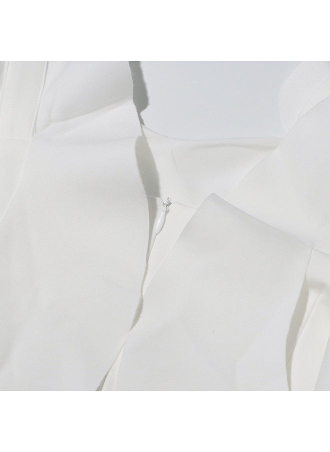Elegant White 3D Floral Maxi Dress, Sleeveless & Ruffled Shoulder, Runway - Style Gown