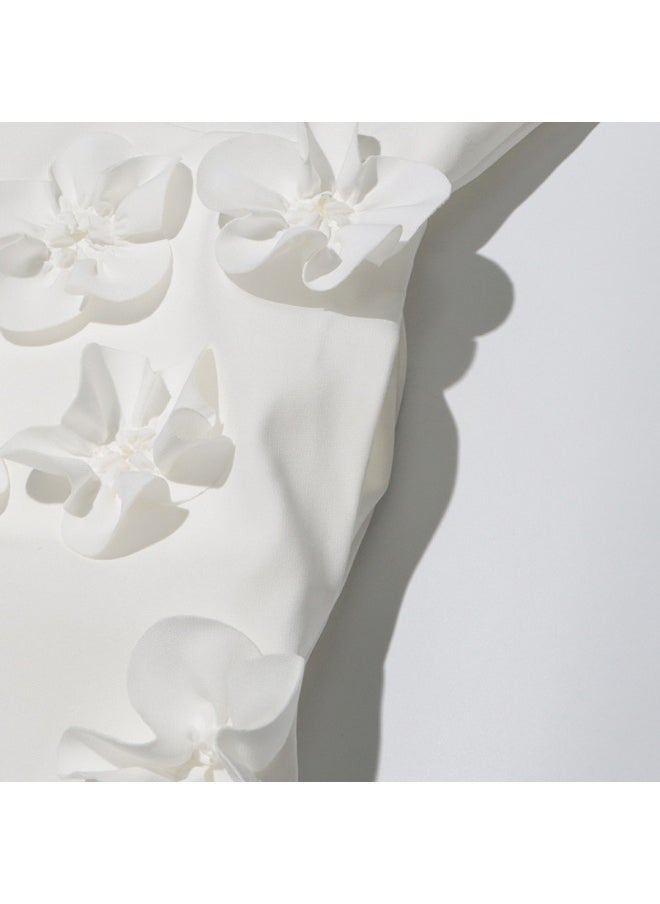 Elegant White 3D Floral Maxi Dress, Sleeveless & Ruffled Shoulder, Runway - Style Gown