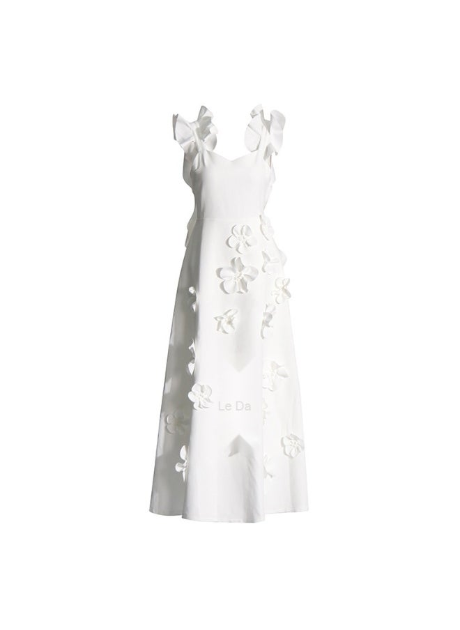 Elegant White 3D Floral Maxi Dress, Sleeveless & Ruffled Shoulder, Runway - Style Gown
