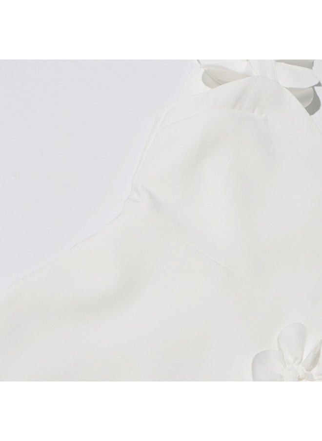 Elegant White 3D Floral Maxi Dress, Sleeveless & Ruffled Shoulder, Runway - Style Gown