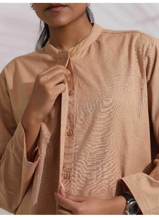 trueBrowns Beige Cotton Embroidered Shirt Top Co-ord Set