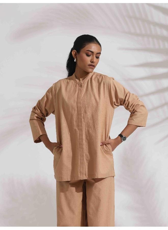 trueBrowns Beige Cotton Embroidered Shirt Top Co-ord Set