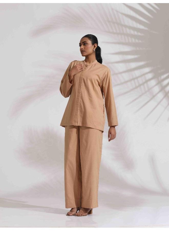 trueBrowns Beige Cotton Embroidered Shirt Top Co-ord Set