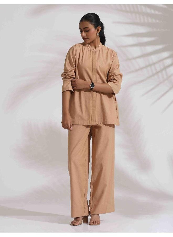 trueBrowns Beige Cotton Embroidered Shirt Top Co-ord Set