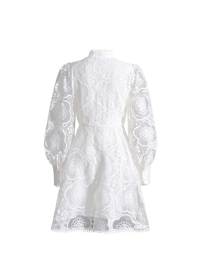 French Vintage Court Style Lace Embroidered A-Line Dress for Women - Flattering Waist-Defined Short Skirt