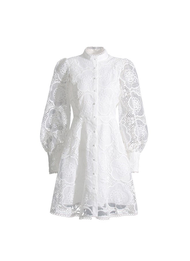 French Vintage Court Style Lace Embroidered A-Line Dress for Women - Flattering Waist-Defined Short Skirt