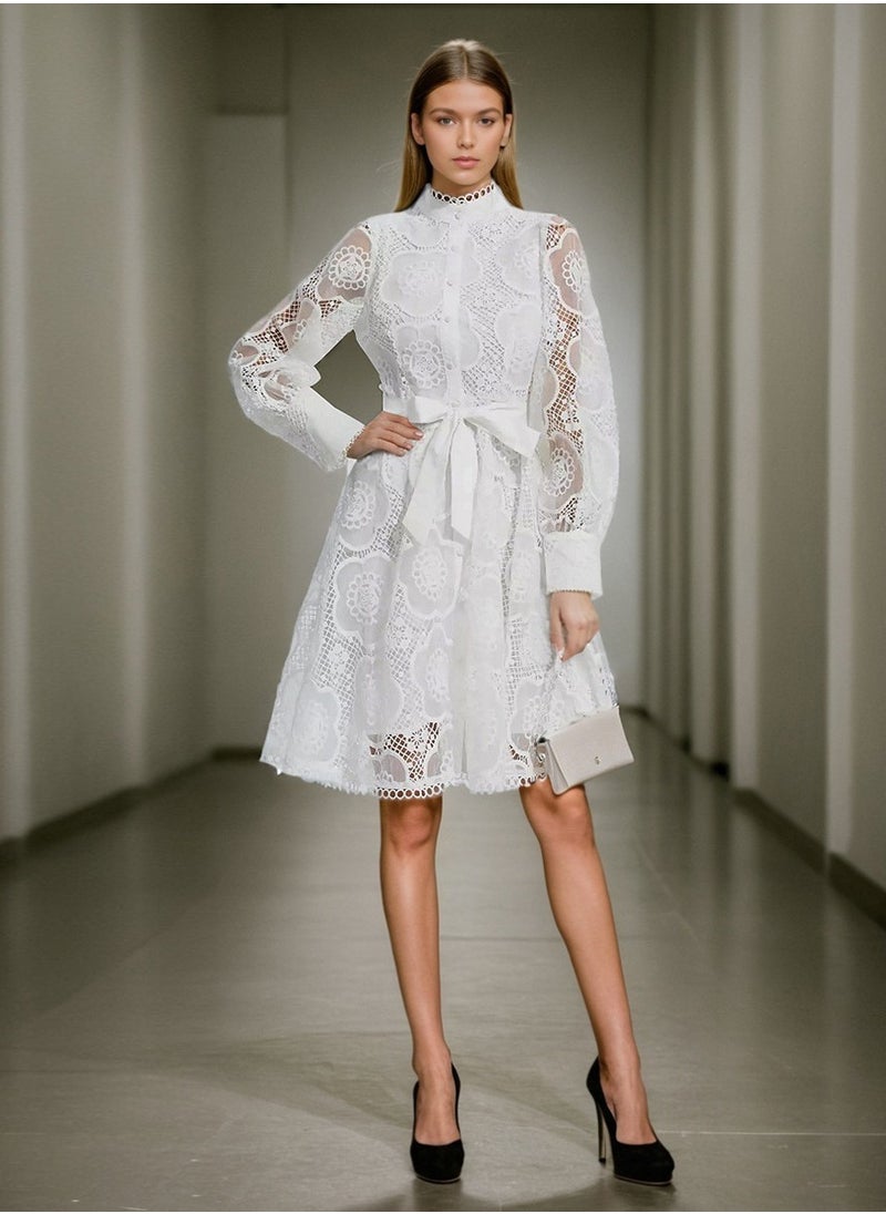 French Vintage Court Style Lace Embroidered A-Line Dress for Women - Flattering Waist-Defined Short Skirt