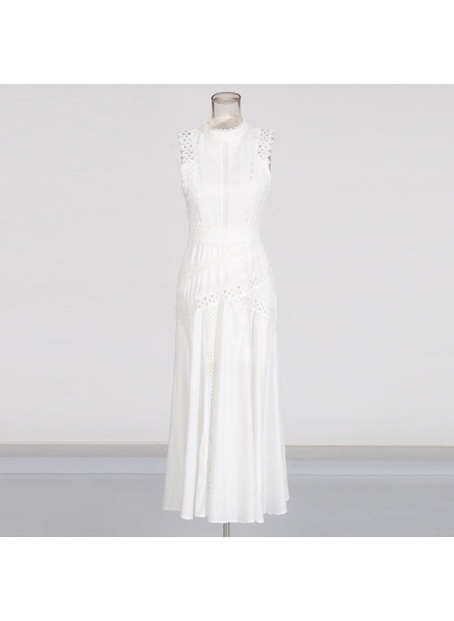 Elegant White Lace - Embroidered Gown, Sleeveless & Hollow - Out Details, Runway - Style Dress
