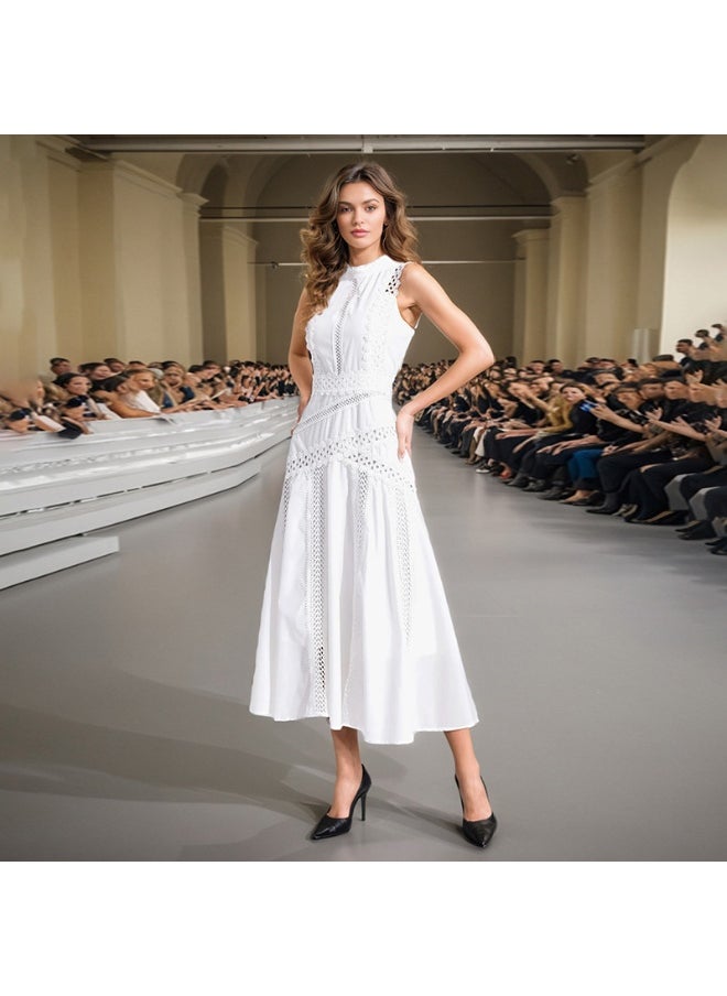 Elegant White Lace - Embroidered Gown, Sleeveless & Hollow - Out Details, Runway - Style Dress