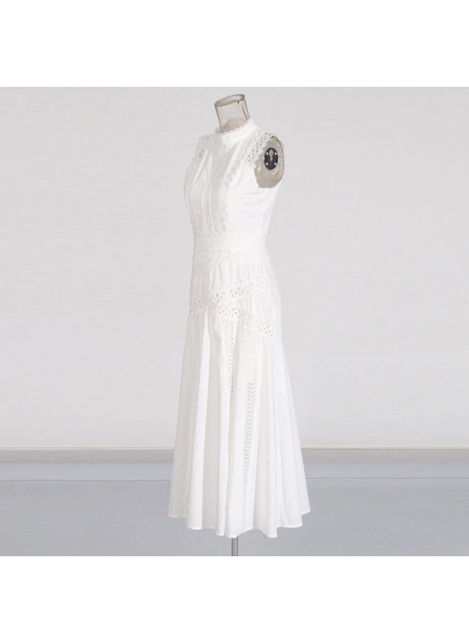 Elegant White Lace - Embroidered Gown, Sleeveless & Hollow - Out Details, Runway - Style Dress