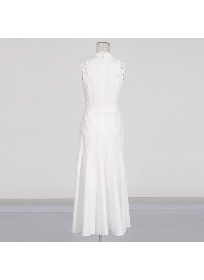 Elegant White Lace - Embroidered Gown, Sleeveless & Hollow - Out Details, Runway - Style Dress