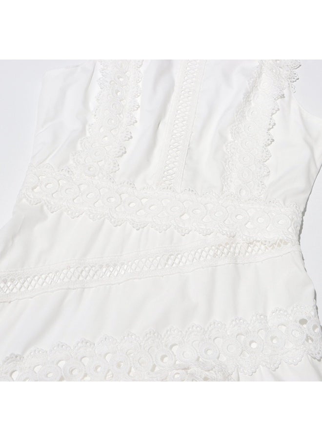 Elegant White Lace - Embroidered Gown, Sleeveless & Hollow - Out Details, Runway - Style Dress
