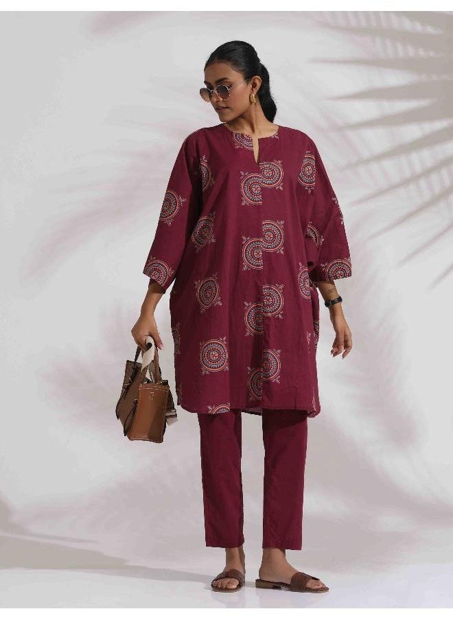 trueBrowns Purple Cotton Print Kurta Co-ord Set
