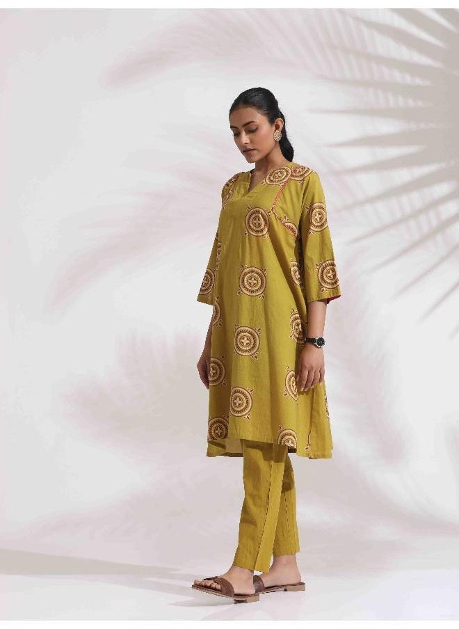 trueBrowns Green Cotton Print Kimono Sleeves Kurta Co-ord Set