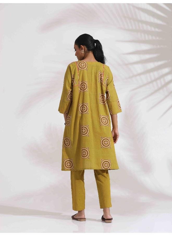 trueBrowns Green Cotton Print Kimono Sleeves Kurta Co-ord Set