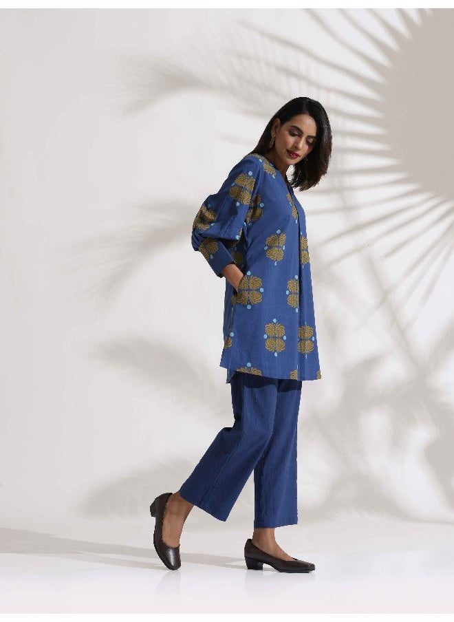 trueBrowns Blue Cotton Print Top & Pants Co-ord Set
