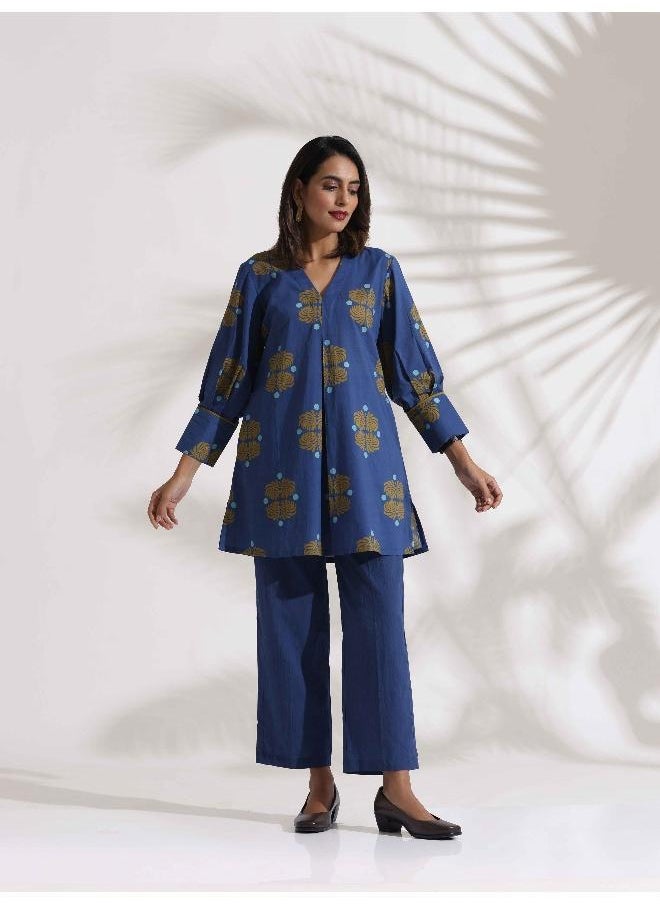 trueBrowns Blue Cotton Print Top & Pants Co-ord Set