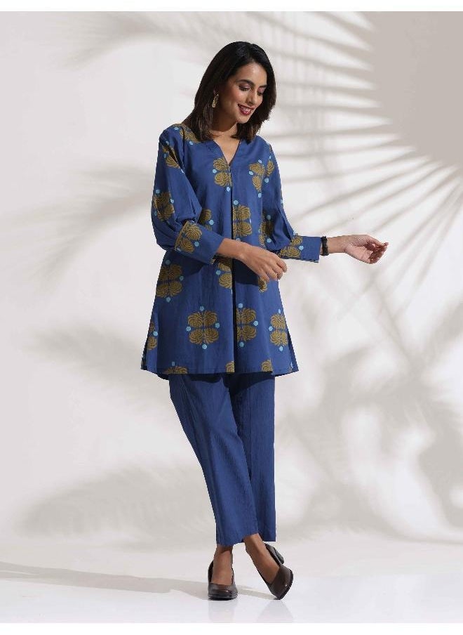 trueBrowns Blue Cotton Print Top & Pants Co-ord Set