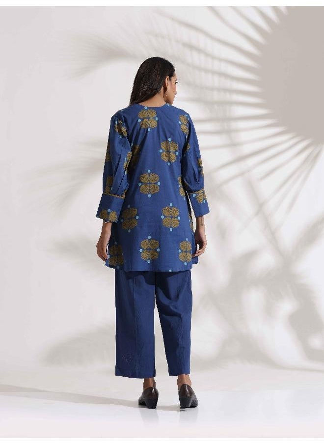 trueBrowns Blue Cotton Print Top & Pants Co-ord Set