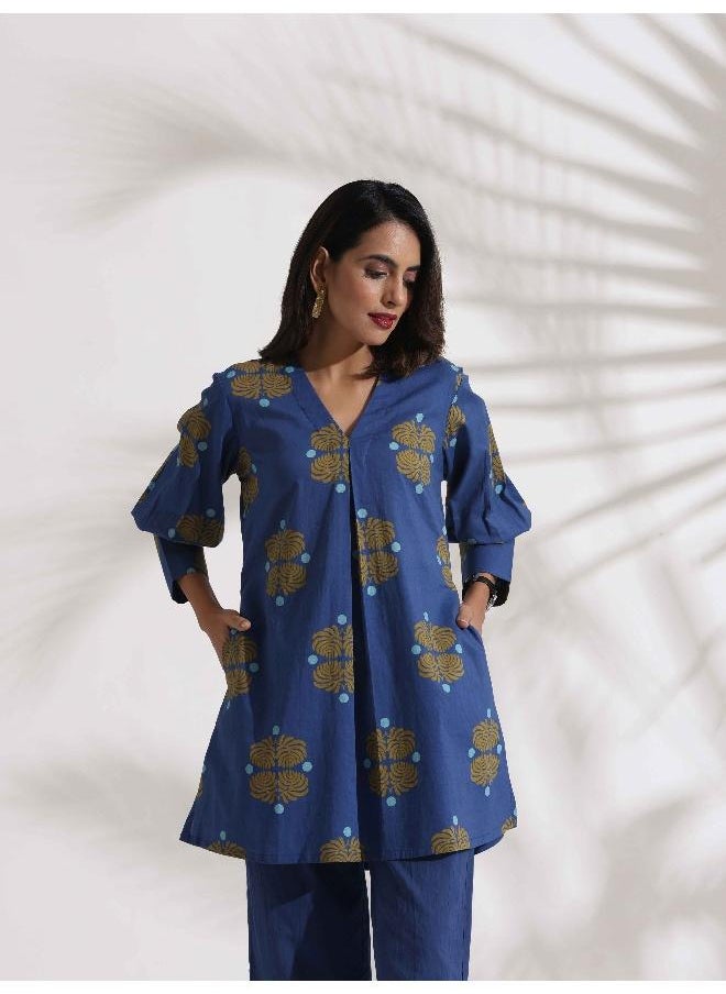 trueBrowns Blue Cotton Print Top & Pants Co-ord Set