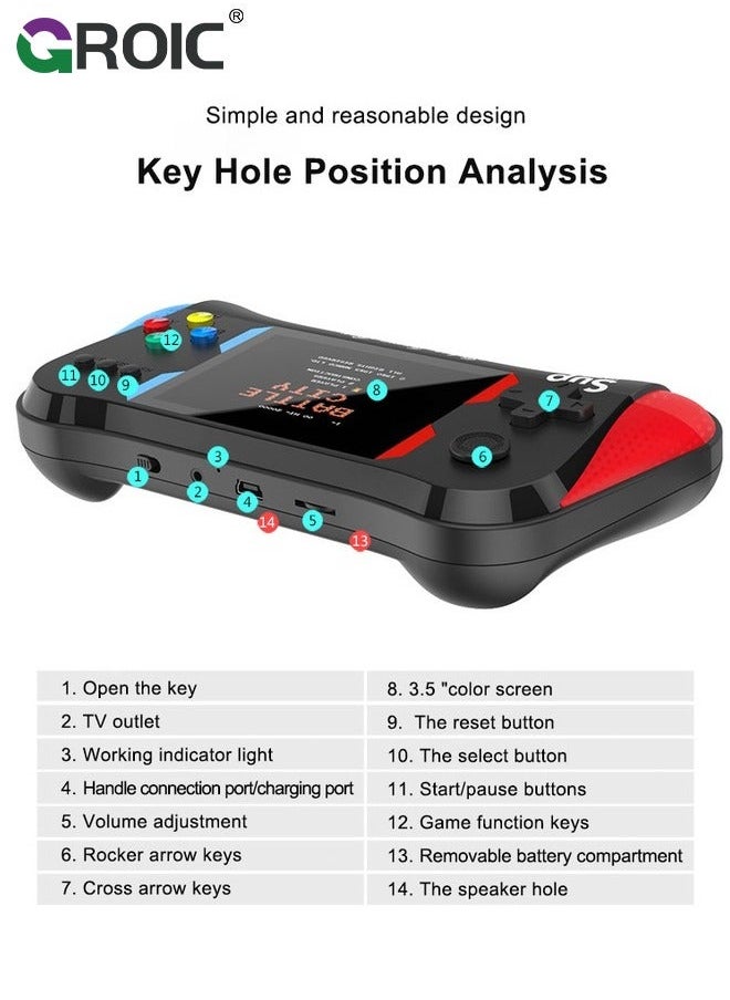 Black Handheld Game Console, 3.5 Inch Screen, Mini Games Console with 500 Classical Portable Video Consoles, Gaming Support for Connecting TV & Two Players