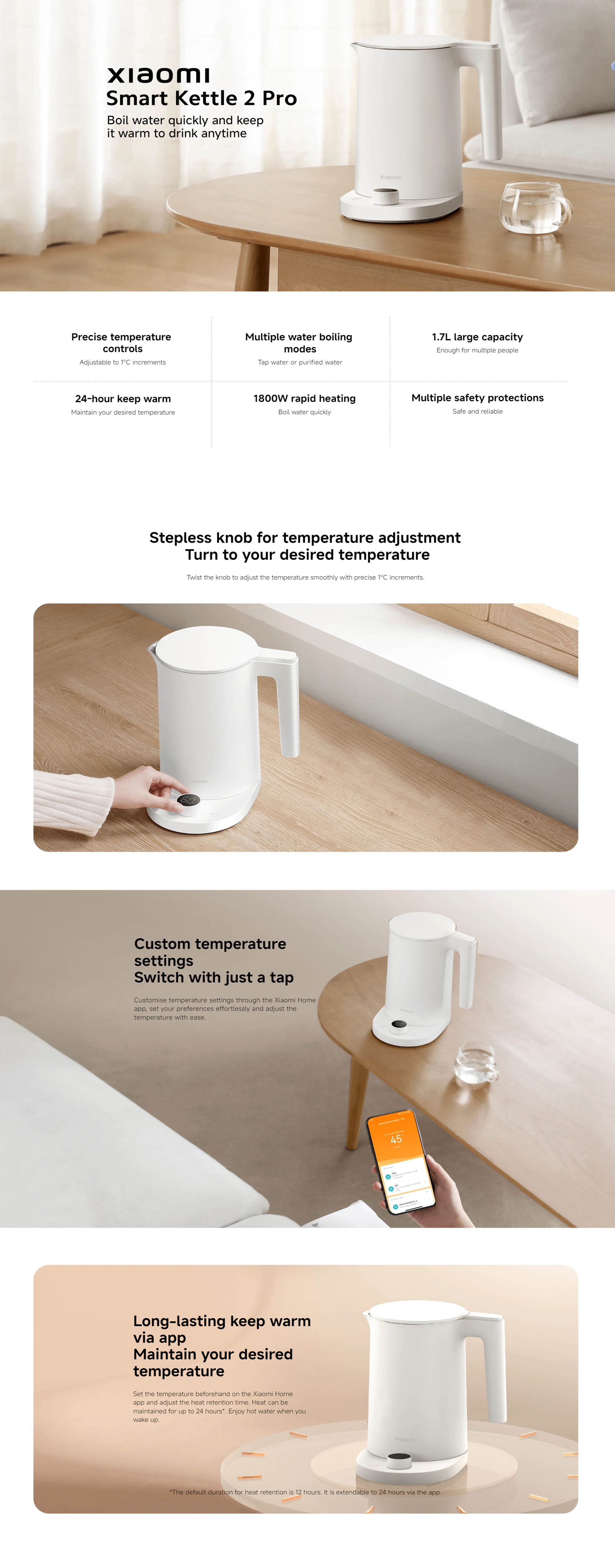 Smart Electric Kettle 2 Pro,1800W Rapid Heating 1.7L Capacity WiFi Connecti with MI Home APP-Global version 1.7 L 1800 W MJJYSH01-A white