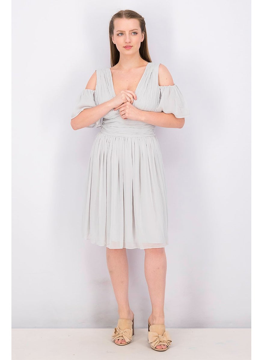 Women Chiffon Drapey Mdi Casual Dress, Light Grey
