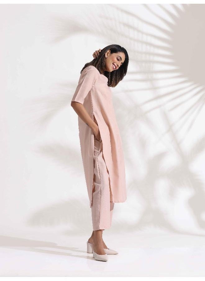 trueBrowns Light Pink Slub Kurta Set