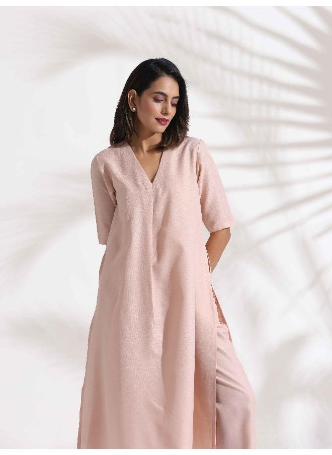 trueBrowns Light Pink Slub Kurta Set
