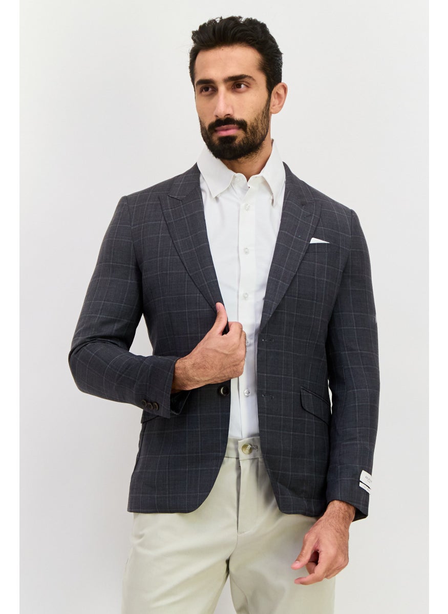 Men Slim Fit Plaid Semi-Formal Blazer, Grey
