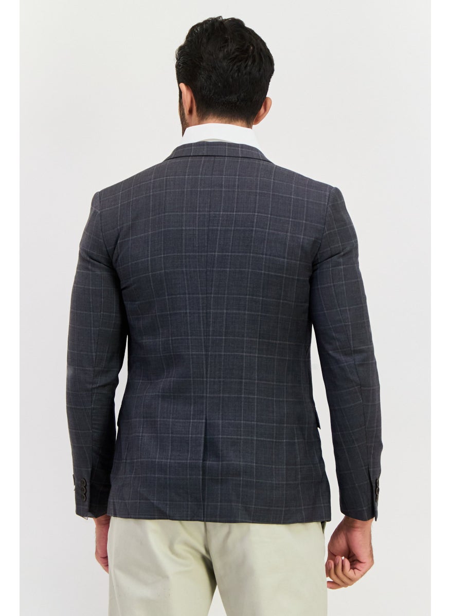 Men Slim Fit Plaid Semi-Formal Blazer, Grey