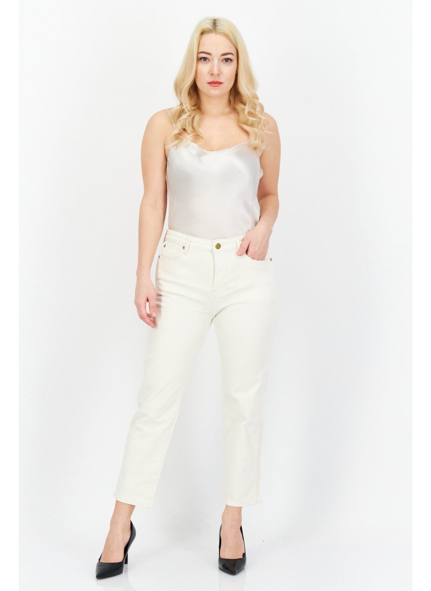 Women Slim Fit Plain Non-Stretchable Jeans, Cream