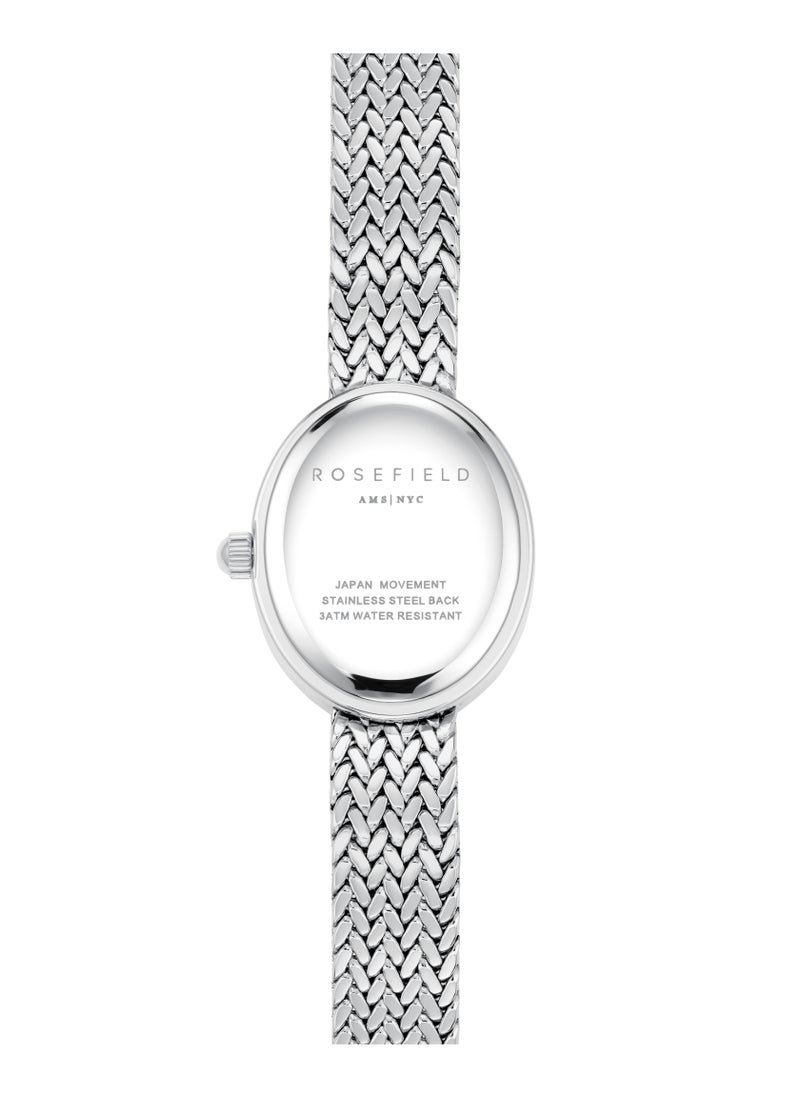 Mini Oval White Dial Silver Woven Mesh Strap