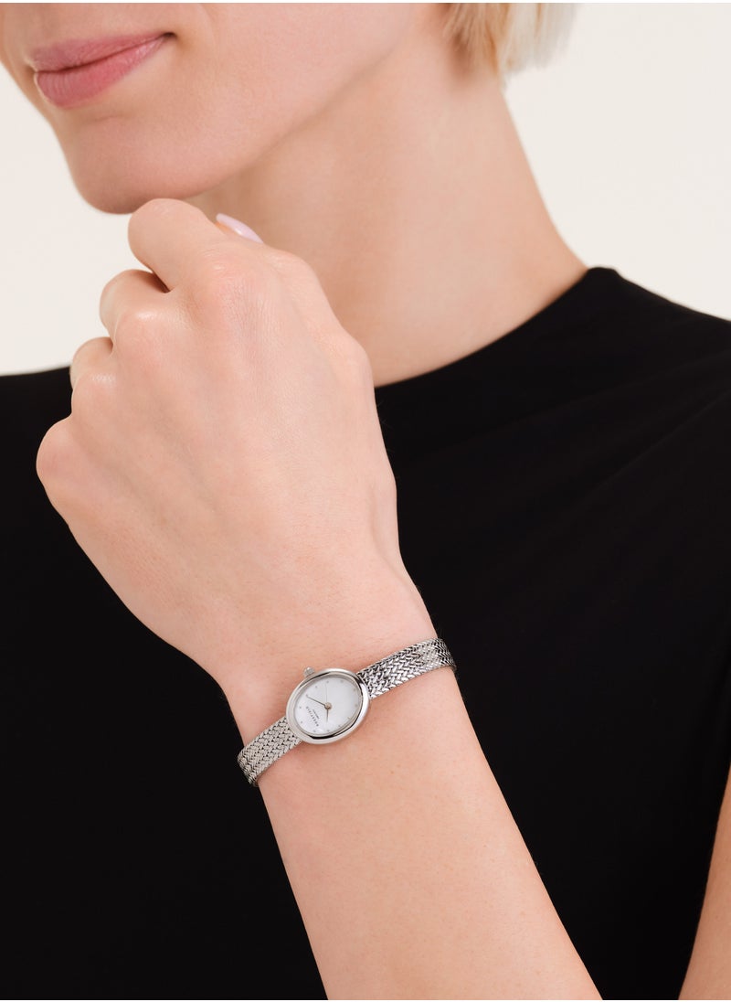 Mini Oval White Dial Silver Woven Mesh Strap