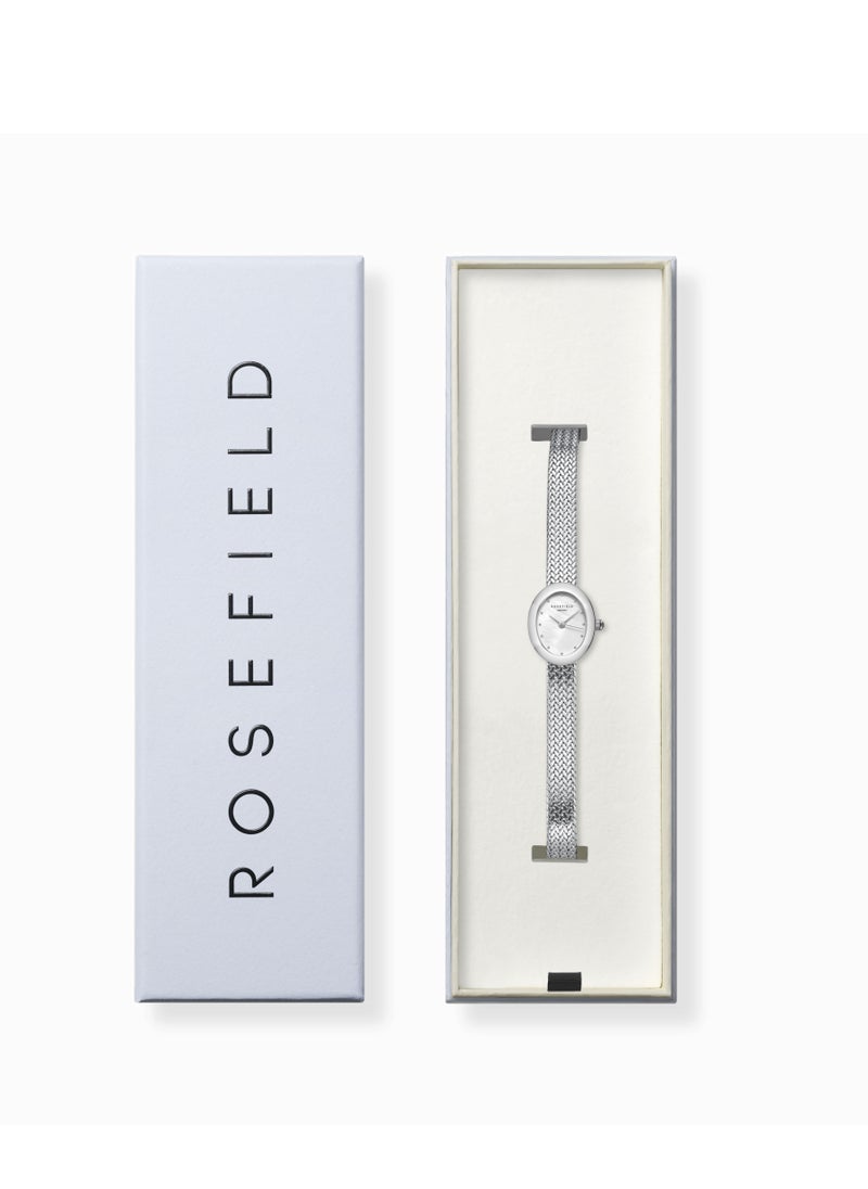 Mini Oval White Dial Silver Woven Mesh Strap