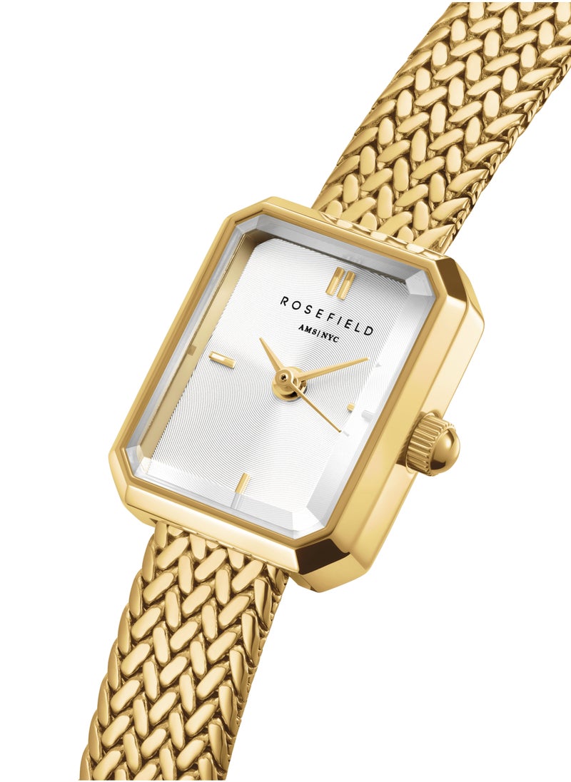 Rosefield Mini Octagon White Dial Gold Woven Mesh Strap