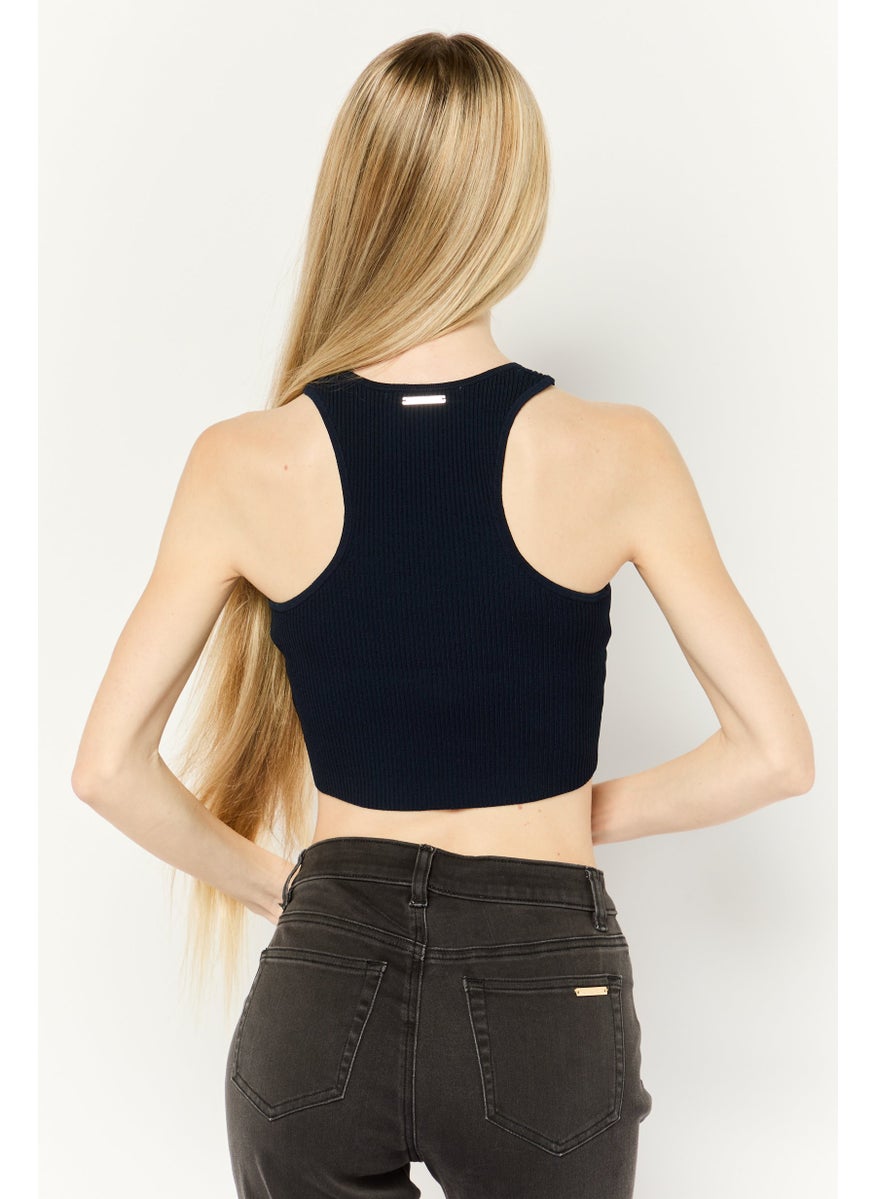 Women Round Neck Sleeveless Textured Tank Top, Navy