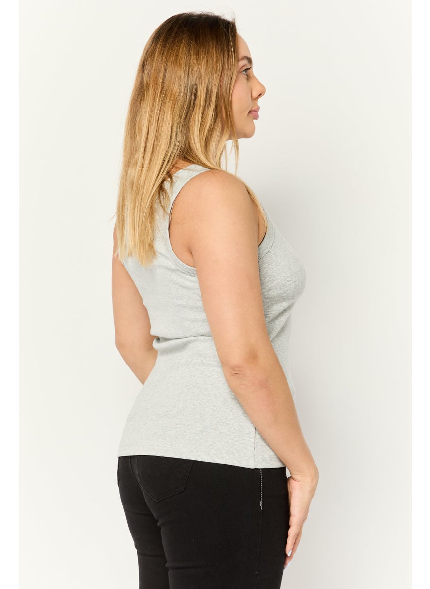 Women Round Neck Sleeveless Ribbed Tank Top, Grey
