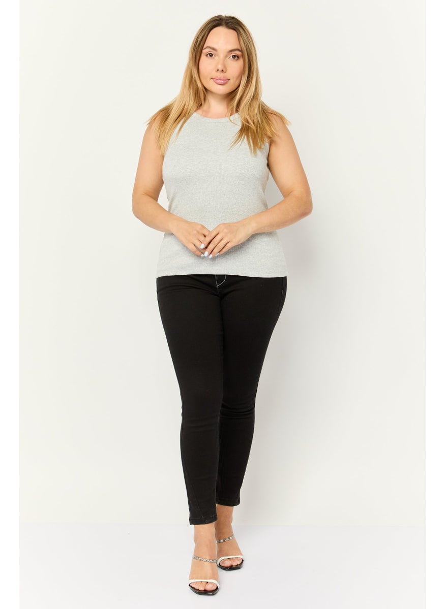 Women Round Neck Sleeveless Ribbed Tank Top, Grey