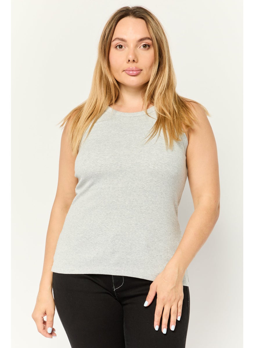 Women Round Neck Sleeveless Ribbed Tank Top, Grey