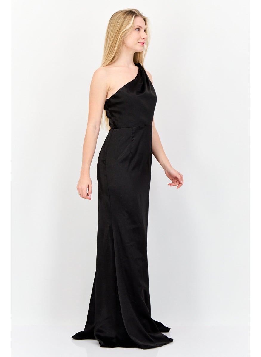 Women Solid Satin Maxi Dress, Black