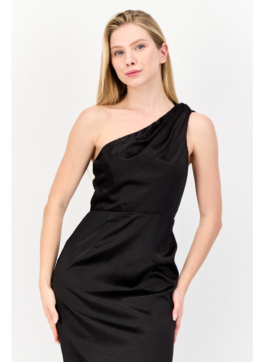 Women Solid Satin Maxi Dress, Black